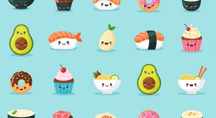 Food pattern smiling avocado, sushi, donut, cupcakes, and bowls on a blue background