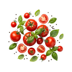 Fresh ripe tomatoes and basil leaves isolated on transparent background