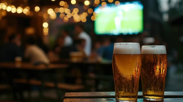 Friends enjoying beers at a bar with an overhead projected sports game