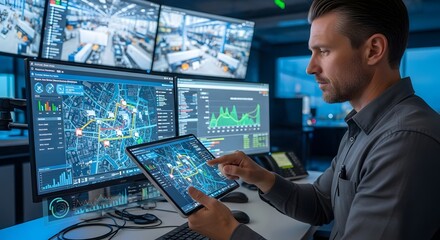 Technology expert analyzing digital maps and data on multiple screens in modern control room for security and network monitoring
