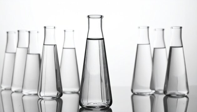 Row of Glass Erlenmeyer Flasks on Reflective Surface