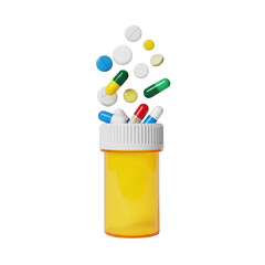 Yellow pill bottle with assorted pills floating up isolated on transparent background