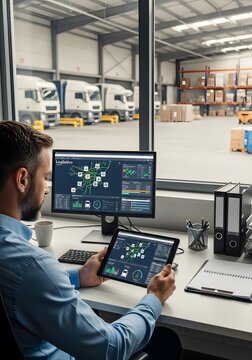 Warehouse logistics management with digital tools in modern facilities for efficient distribution and supply chain operations