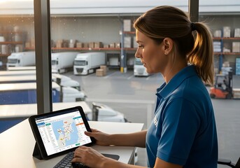 Woman managing logistics operations with digital tablet in transport facility