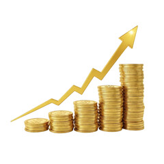 Golden coins stacked with upward trend arrow isolated on transparent background