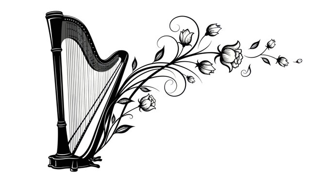 Elegant harp entwined with blossoming floral elements in a graceful monochrome composition