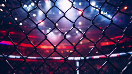 Combat Sports Cage View With Bright Stadium Lights, Generative AI