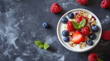 Healthy breakfast with natural yogurt muesli and berries vertical