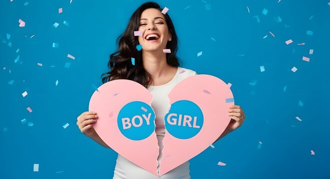 Gender reveal celebration with joyful woman holding heart decor and confetti on blue background for baby shower announcement design