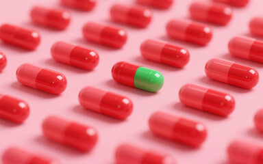Prominent Green Capsule Among Red Capsules - Highlighting Uniqueness Through Color Contrast in Minimalist Design