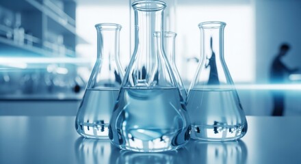Laboratory glassware with blue liquid in a science lab for experiment and research