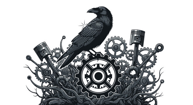 Mechanical raven's perch: A vector illustration blending nature and industrial motifs