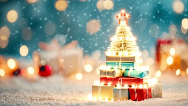 Christmas still life with miniature tree on a pile of colorful gift boxes and falling snow against festive bokeh lights