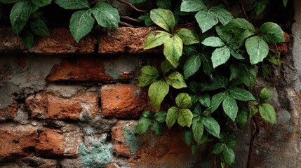 Lush green leaves against a textured stone wall.
