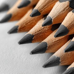 Close-up of sharpened pencils arranged together.