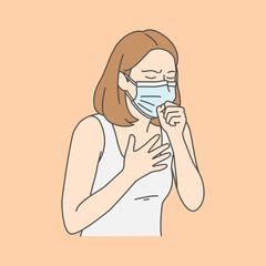 Illustration of a woman in a mask coughing, highlighting health, respiratory issues, and safe practices