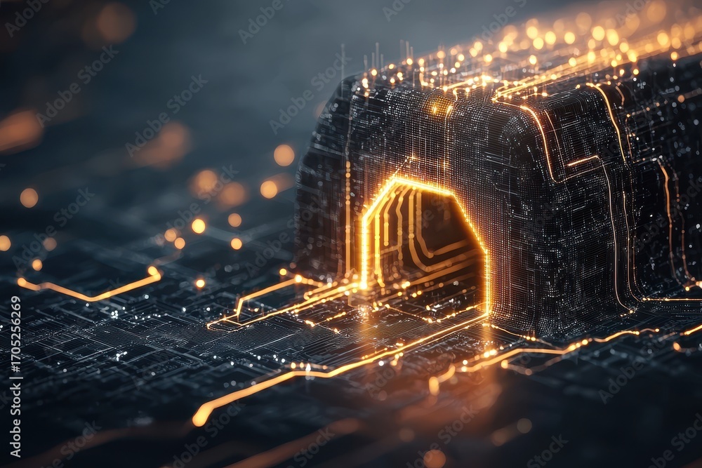 Poster a futuristic digital tunnel illuminated with glowing circuits, symbolizing technology and connectivi