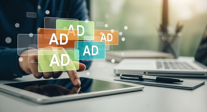 Marketing and promotional campaign concept — a businessman using a tablet to interact with virtual advertisements on a screen from his home office