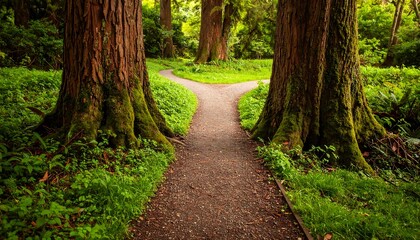 A path forks between lush trees