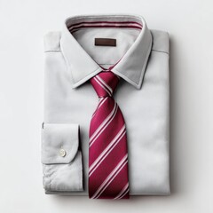 Folded shirt with a red striped tie neatly arranged.