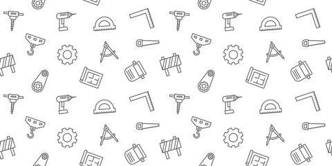 Seamless Engineering and Construction Pattern: Outline Icons of Drills, Gears, and Blueprints for Industrial and Professional Backgrounds