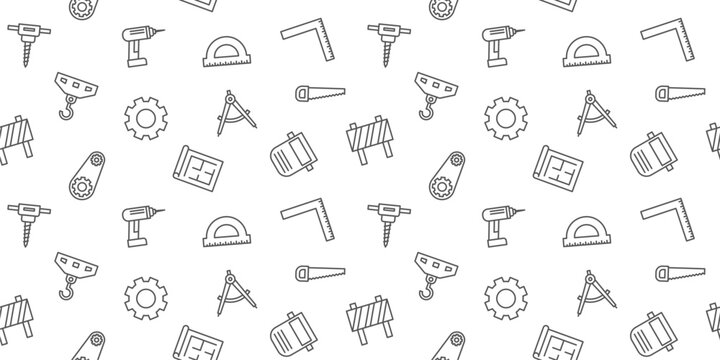 Seamless Engineering and Construction Pattern: Outline Icons of Drills, Gears, and Blueprints for Industrial and Professional Backgrounds