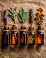 Botanical oils in glass vials with herbs and flowers on textured background.