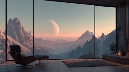 Futuristic interior with mountain view and large celestial body outside.