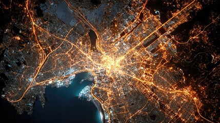 Aerial view of a city illuminated at night.