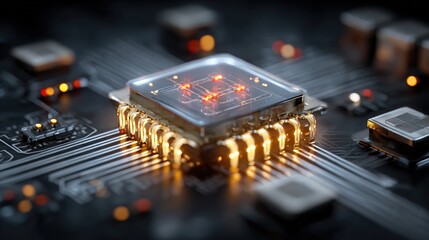 High-tech microchip with glowing circuitry on a dark background.