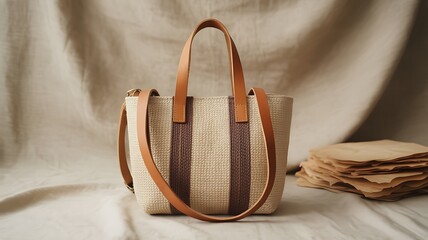 Woven Tote Bag with Leather Straps and Brown Stripes