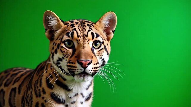 Elegant ocelot portrait with striking green background, bringing wild beauty and exotic charm to your project with a modern, eye-catching style