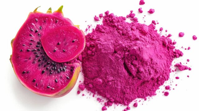 A ripe, juicy pink fruit with black seeds is cut in half. The inside of the fruit is a vibrant pink color, and the seeds are small and black. The fruit is likely a dragon fruit