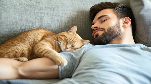 Ginger cat sleeps peacefully on a man's chest as they both nap on a comfortable sofa, enjoying a quiet moment of relaxation