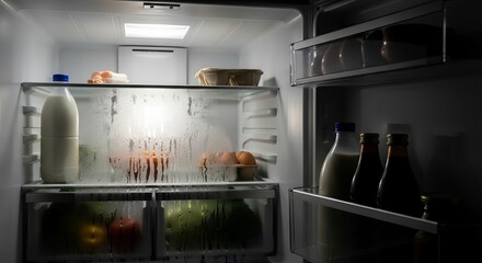 Open fridge with various foods, including fruits, vegetables, and dairy products.