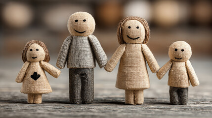 Handcrafted fabric dolls of a family, symbolizing unity and childhood warmth
