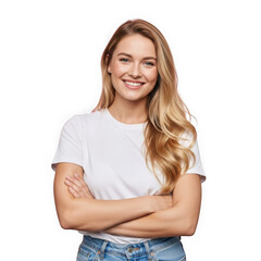 Fototapeta premium Smiling blonde woman in white t shirt isolated on transparent background