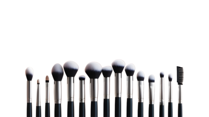 A collection of professional makeup brushes arranged neatly against a white background.