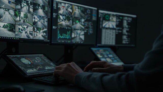 Security operator monitoring multiple cctv camera feeds on screens