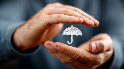 Hands shielding a drawn umbrella symbolizing protection and insurance concepts