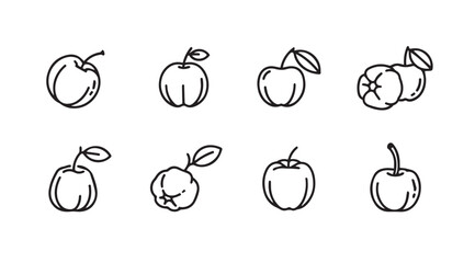Collection of hand drawn apple and plum fruit silhouettes in outline style