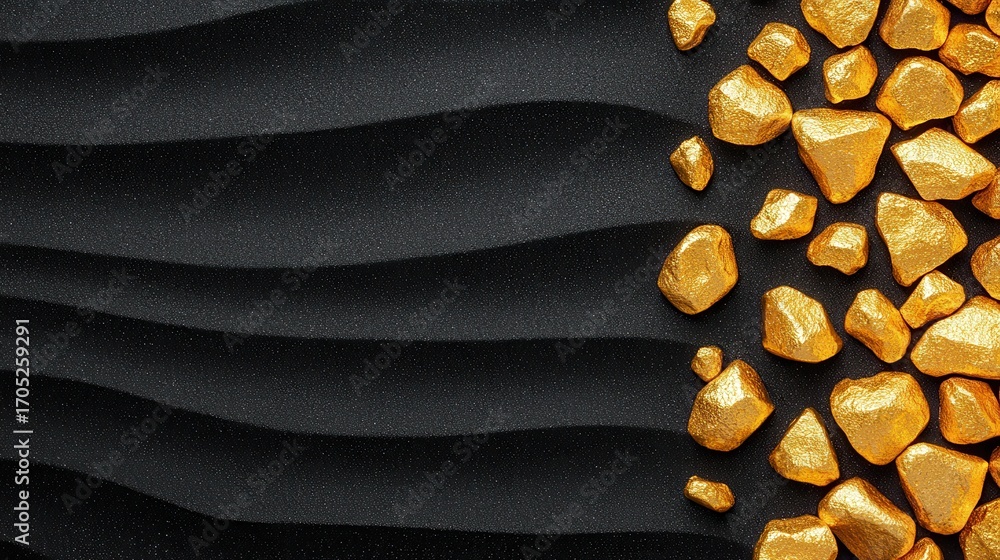 Poster a striking contrast between golden nuggets and dark, wavy sand, creating a visually captivating text