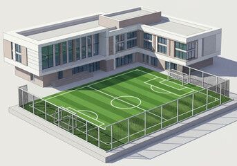 Modern school complex with vibrant soccer field and professional athletic facilities