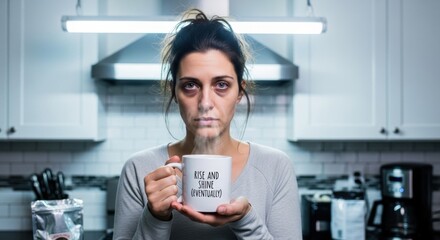 Tired caucasian woman with dark circles under eyes holding steaming coffee mug in kitchen. Fatigue, insomnia, or morning routine concept.