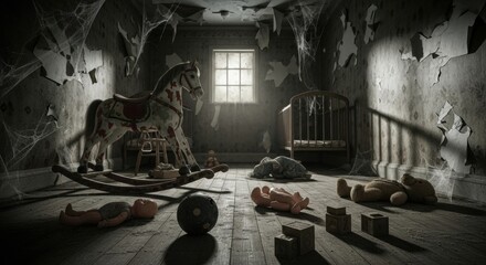 Spooky abandoned nursery with old toys lying on dusty floor of an empty house. Horror room with rocking horse, crib and spiderwebs for Halloween.