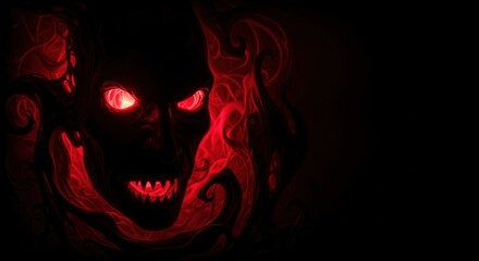 Dark demonic ghost with red glowing eyes and sharp teeth emerging from evil smoky tendrils. Nightmare creature concept for Halloween.