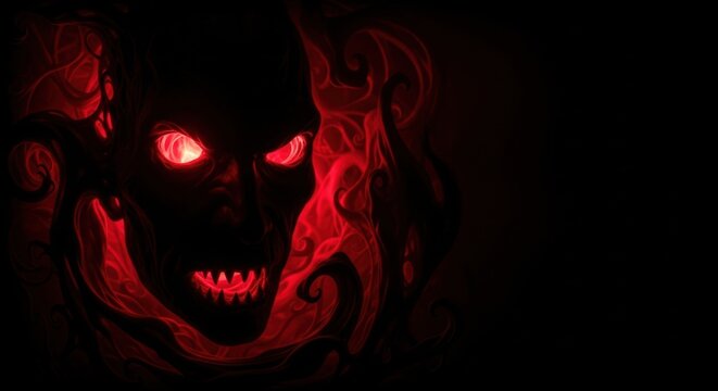 Dark demonic ghost with red glowing eyes and sharp teeth emerging from evil smoky tendrils. Nightmare creature concept for Halloween.