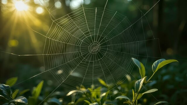 Spider webs illuminated by sunlight