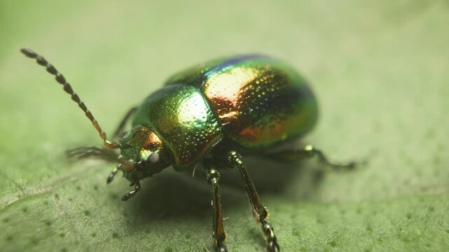 Extreme close-up of the dead-nettle leaf beetle (Chrysolina fastuosa), also known as the splendid leaf beetle, in its natural habitat.