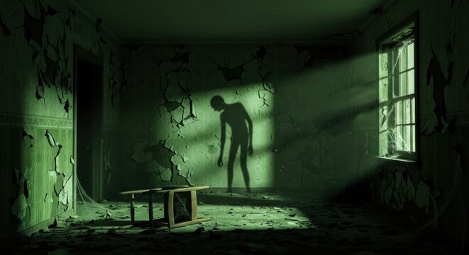 Silhouette of a man on textured wall in abandoned room, dark green and spooky setting for nightmare or Halloween.